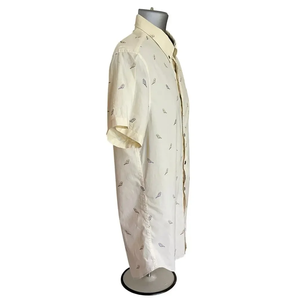 J.Crew Men’s Large Slim Fit Bird Print Shirt Ivory Short Sleeve Button Down